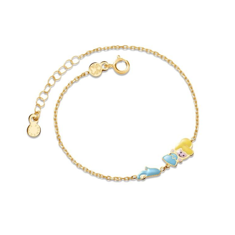 Bracciale Lebebé Prime Gioie Fiabe Oro Giallo 9 Kt Cenerentola Smalto Azzurro/Giallo e Scarpetta