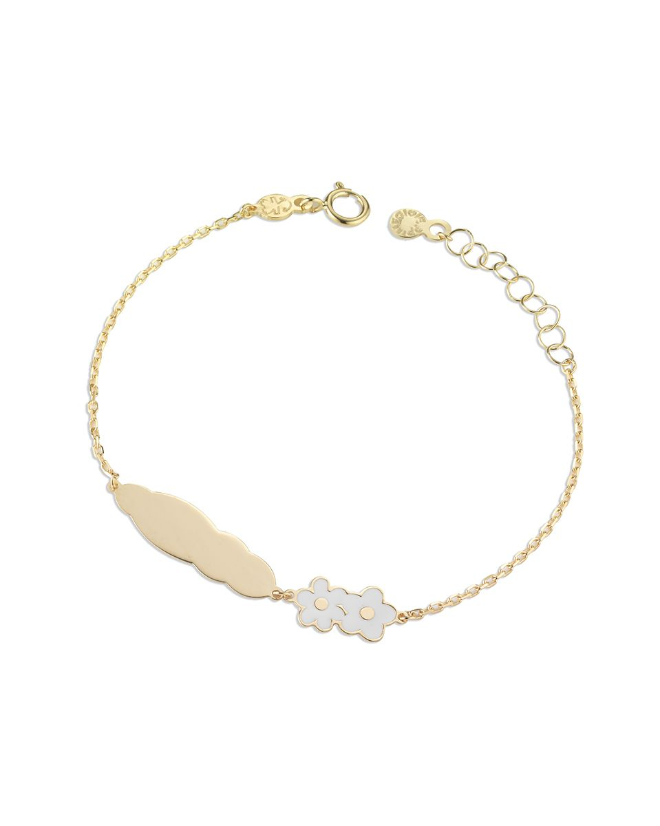 Bracciale Lebebé Prime Gioie Toys Oro Giallo 9 Kt Targhetta e Fiori Smalto Bianco