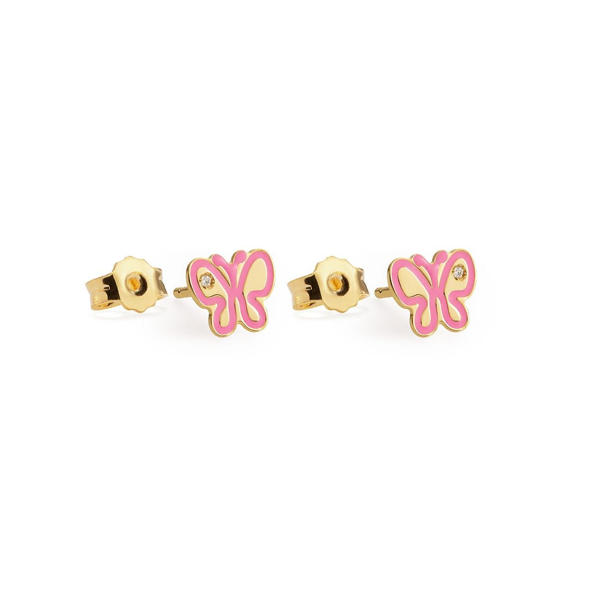 Orecchini Lobo Lebebé Prime Gioie Lucciole Oro Giallo 9 Kt Farfalla Smalto Rosa e Diamantino