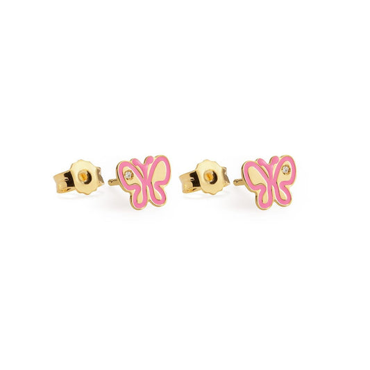 Orecchini Lobo Lebebé Prime Gioie Lucciole Oro Giallo 9 Kt Farfalla Smalto Rosa e Diamantino