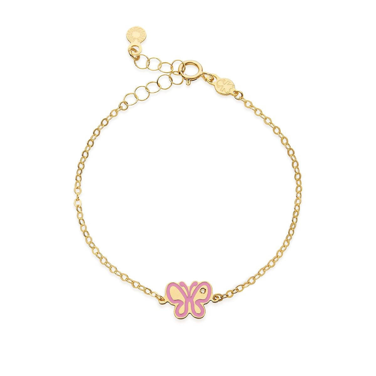 Bracciale Lebebé Prime Gioie Lucciole Oro Giallo 9 Kt Farfalla Smalto Rosa + Diamantino