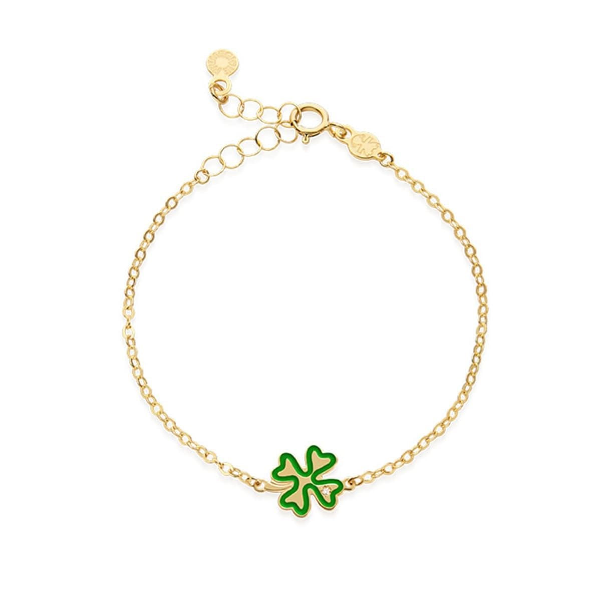 Bracciale Lebebé Prime Gioie Lucciole Oro Giallo 9 Kt Quadrifoglio Smalto Verde + Diamantino