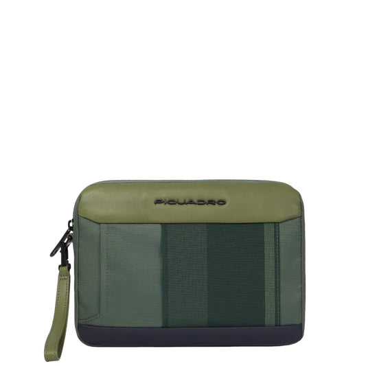 Pochette Piquadro Uomo Da Polso Porta Ipad Tessuto Inserti Pelle Verde