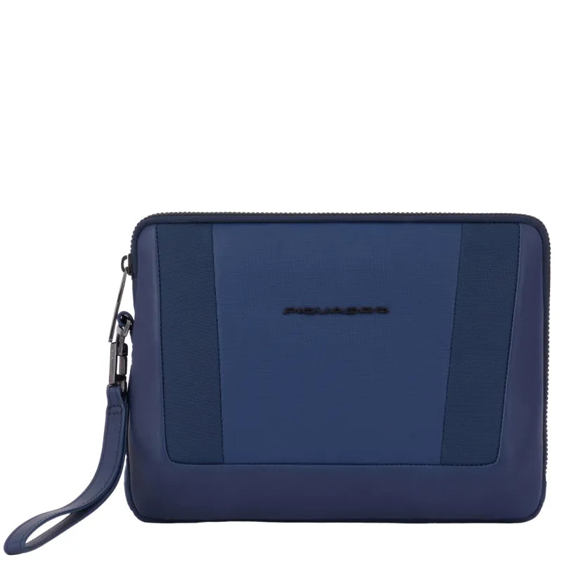 Pochette Piquadro Uomo Da Polso Tessuto Inserti Pelle Blu