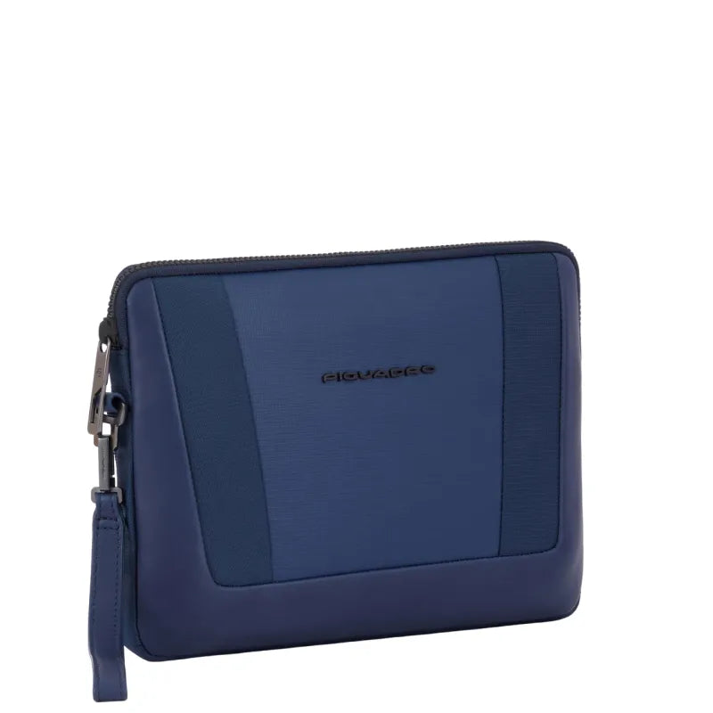 Pochette Piquadro Uomo Da Polso Tessuto Inserti Pelle Blu