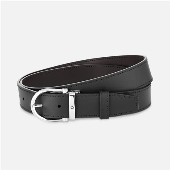 Cinture Montblanc Belt-Horseshoe Shiny Cintura Reversibile Pelle Nera / Marrone Fibbia Ovale