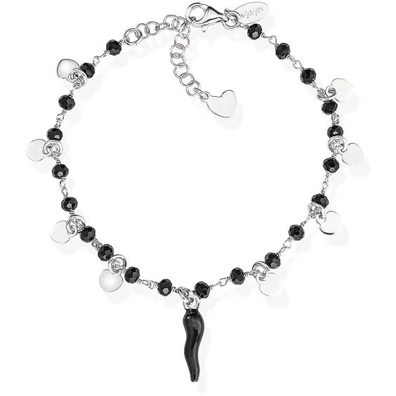 Bracciale Amen Argento Con Cuoricini E Critalli Neri Pendente Corno Smalto Nero