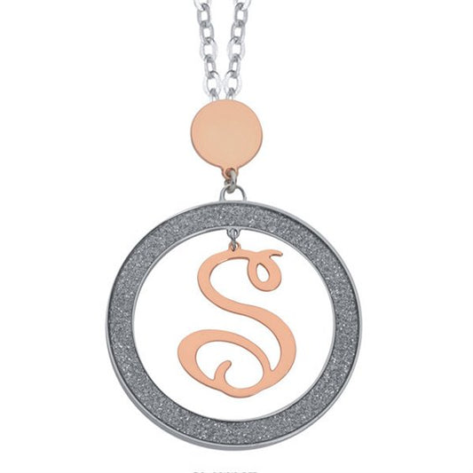 Collana Boccadamo Mediterranea Bronzo Argentato Pendente Tondo Argentato/Glitter Lettera S