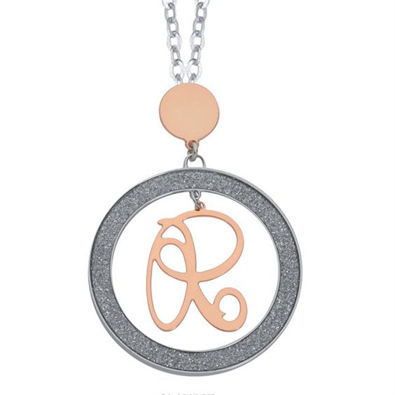 Collana Boccadamo Mediterranea Bronzo Argentato Pendente Tondo Argentato/Glitter Lettera R