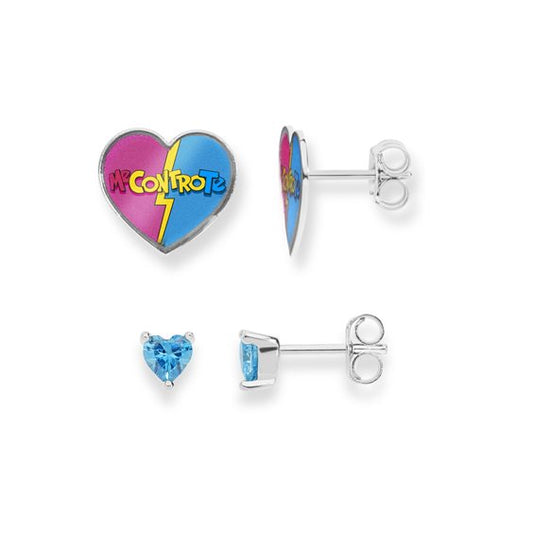 Orecchini 2 Coppie Lobo Comete Me Contro Te Argento Cuore Smalti Rosa/Azzurro + Punti Luce Azzurro