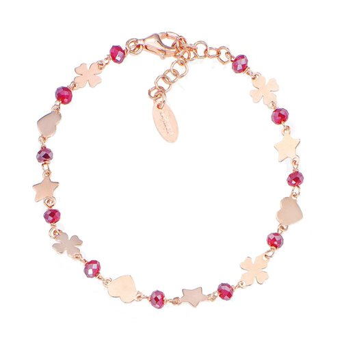 Bracciale Amen Argento Rosato Stelle/Cuori/Quadrifogli Cristalli Sfaccettati Rubino