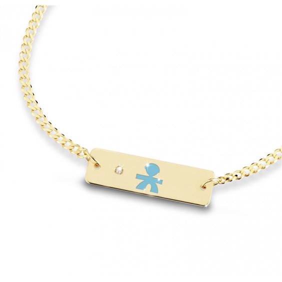 Bracciale Lebebé Prime Gioie Classici Oro Giallo 9 Kt Targhetta Centrale Bimbo Smalto Azzurro + Diamantino
