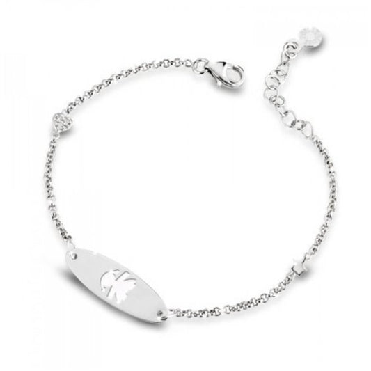 Bracciale Lebebé Prime Gioie Oro Bianco 9 Kt Targhetta Ovale Femminuccia Smalto e Cuore Con Diamanti