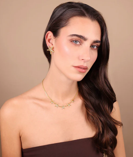 Collana Girocollo Etrusca Gioielli Lega Golden Placcata Oro 18 Kt 5 Stelle Marine Martellate