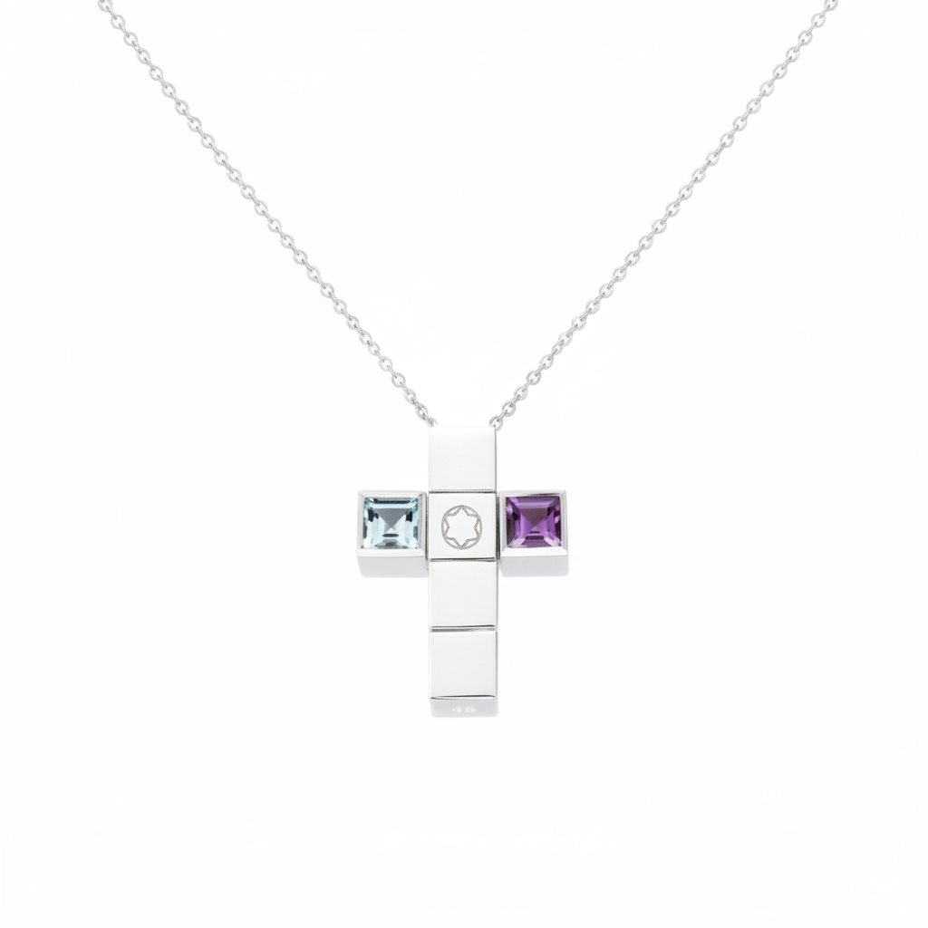 Collana Montblanc Boheme Collection Argento Pendente Croce Scomposta Cubi Topazio Ametista