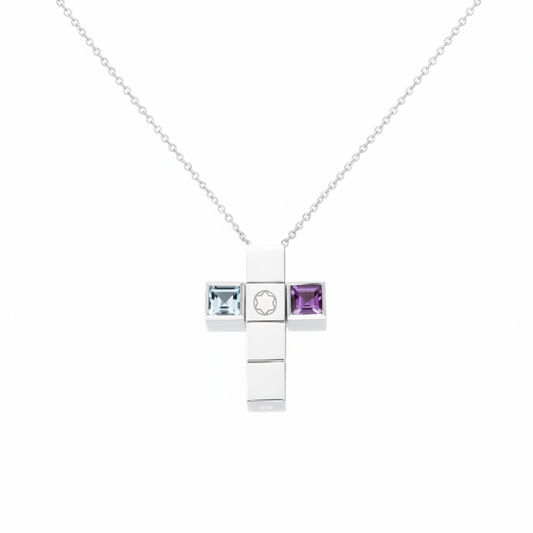 Collana Montblanc Boheme Collection Argento Pendente Croce Scomposta Cubi Topazio Ametista