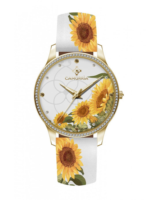Orologio Camurria Suli Di Sicilia 37 mm Pvd Oro Cinturino Stampe Girasoli