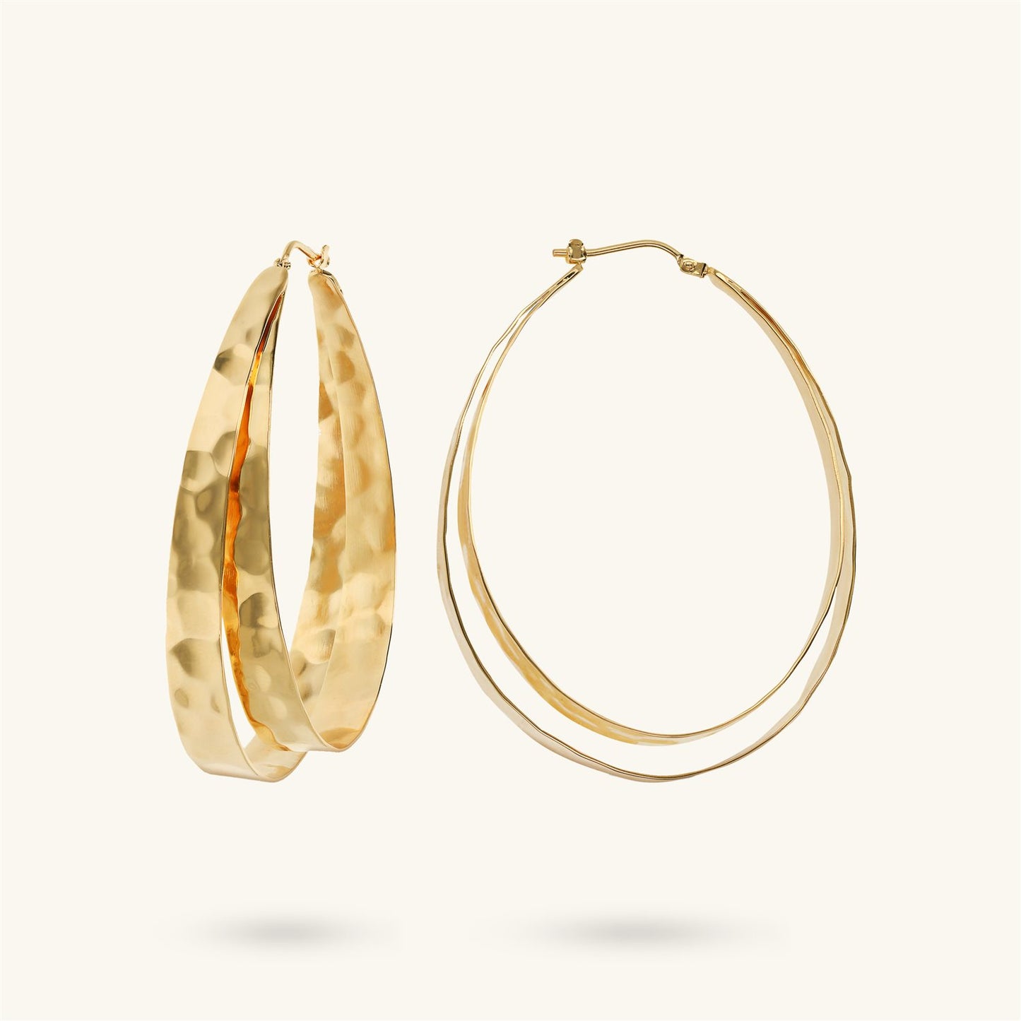 Orecchini Doppio Cerchio Etrusca Gioielli Lega Golden Placcata Oro 18 Kt Superficie Martellata