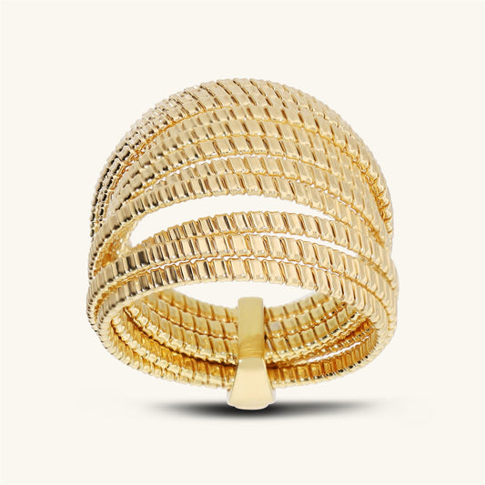 Anello a Fascia Etrusca Multifilo Rigato Tubogas Lega Golden Placcata Oro 18 kt - Misura 16