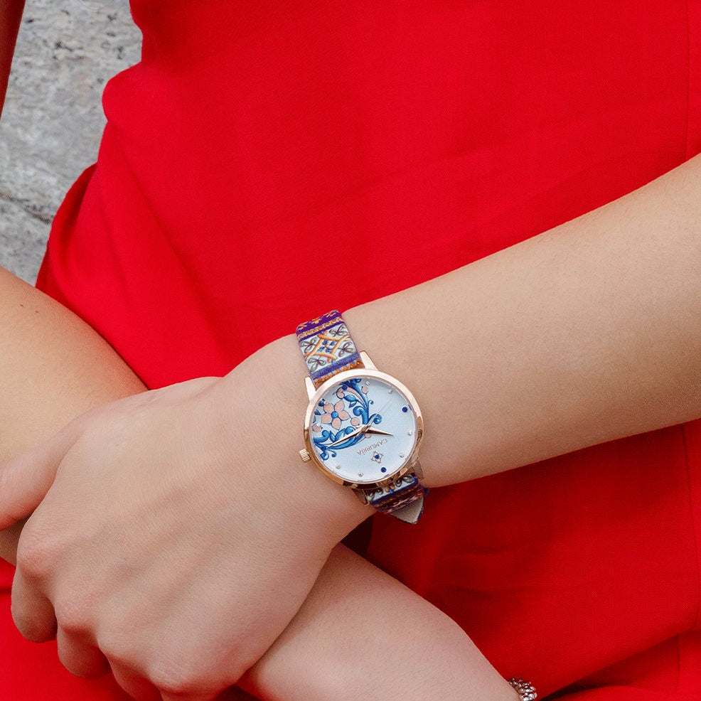 Orologio Camurrìa A Maiolica 32 mm Pvd Oro Rosa Cinturino con Stampa Maioliche