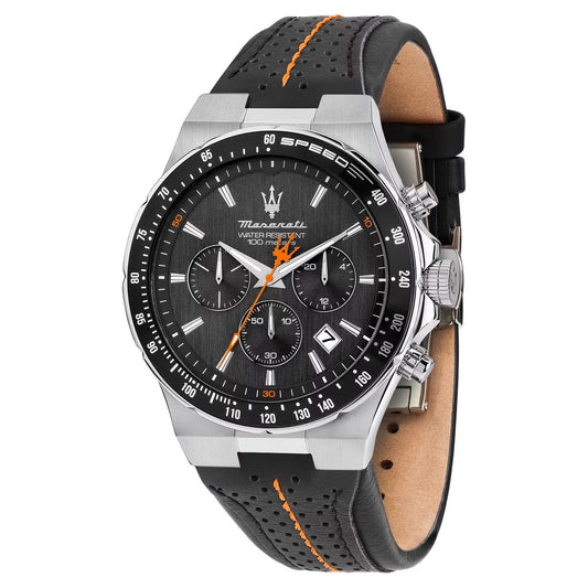 Orologio Maserati Sfida Chrono 41 Mm Acciaio Pelle Nera Cuciture Arancio