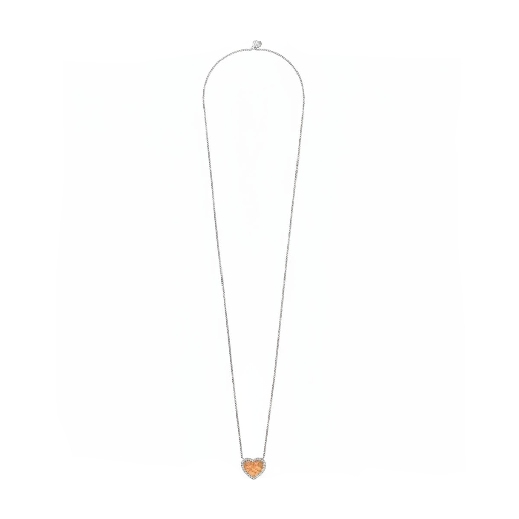 Collana Lunga Alviero Martini 1A Classe Lovelane Acciaio Pendente Cuore Cristalli Inserto Pelle Stampa Geo