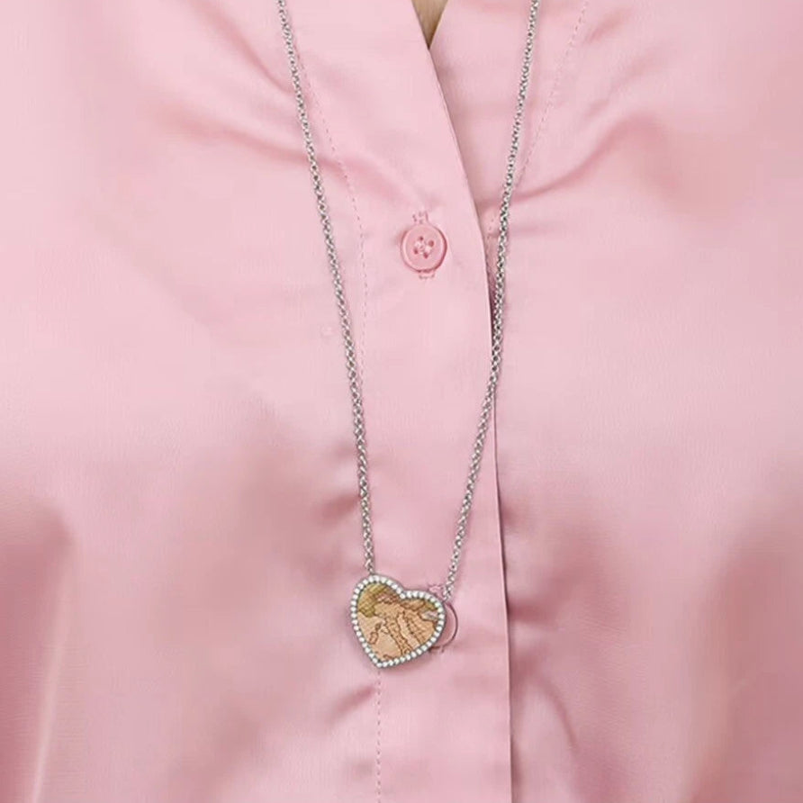 Collana Lunga Alviero Martini 1A Classe Lovelane Acciaio Pendente Cuore Cristalli Inserto Pelle Stampa Geo