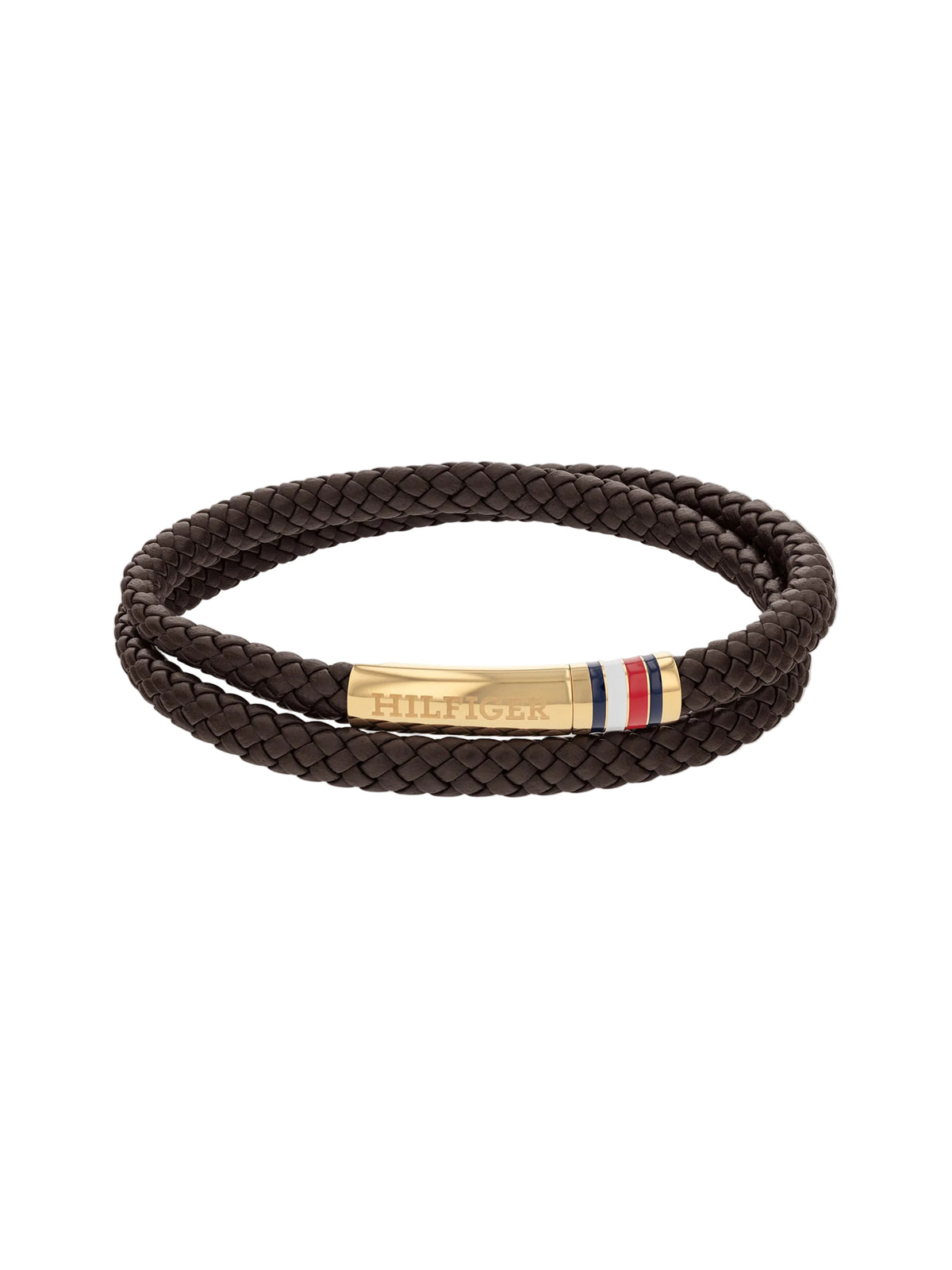 Bracciale a 2 Giri Uomo Tommy Hilfiger Double Tubolare Pelle Intrecciata Marrone Elemento Pvd Oro Con Logo Smaltato