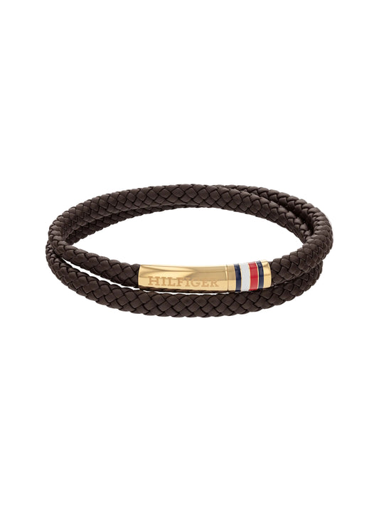 Bracciale a 2 Giri Uomo Tommy Hilfiger Double Tubolare Pelle Intrecciata Marrone Elemento Pvd Oro Con Logo Smaltato