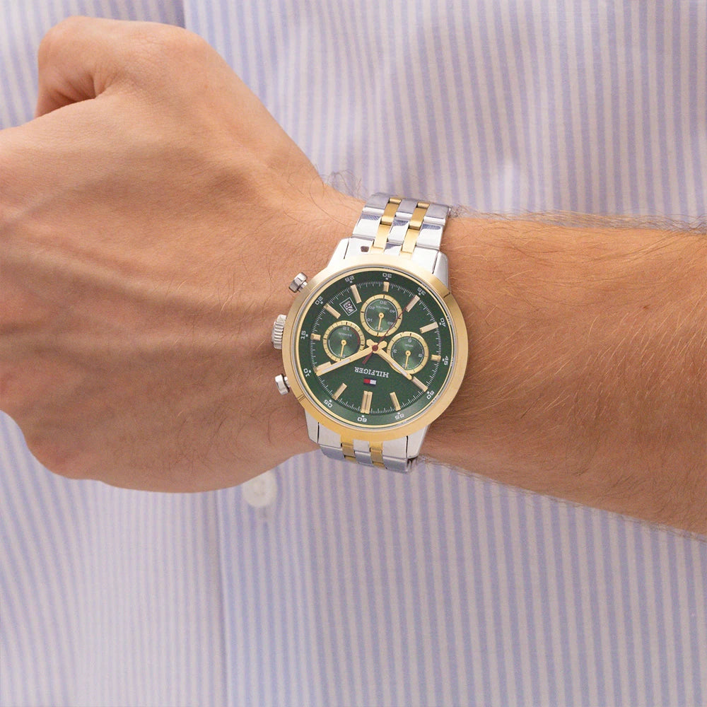 Orologio Tommy Hilfiger Kent Multifunzione 43 mm Acciaio Pvd Oro Braccialato Verde