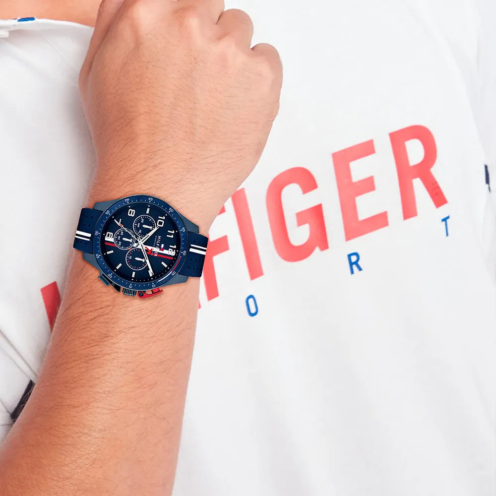 Orologio Tommy Hilfiger Bank Chrono 46 mm Cinturino Silicone Blu Bianco