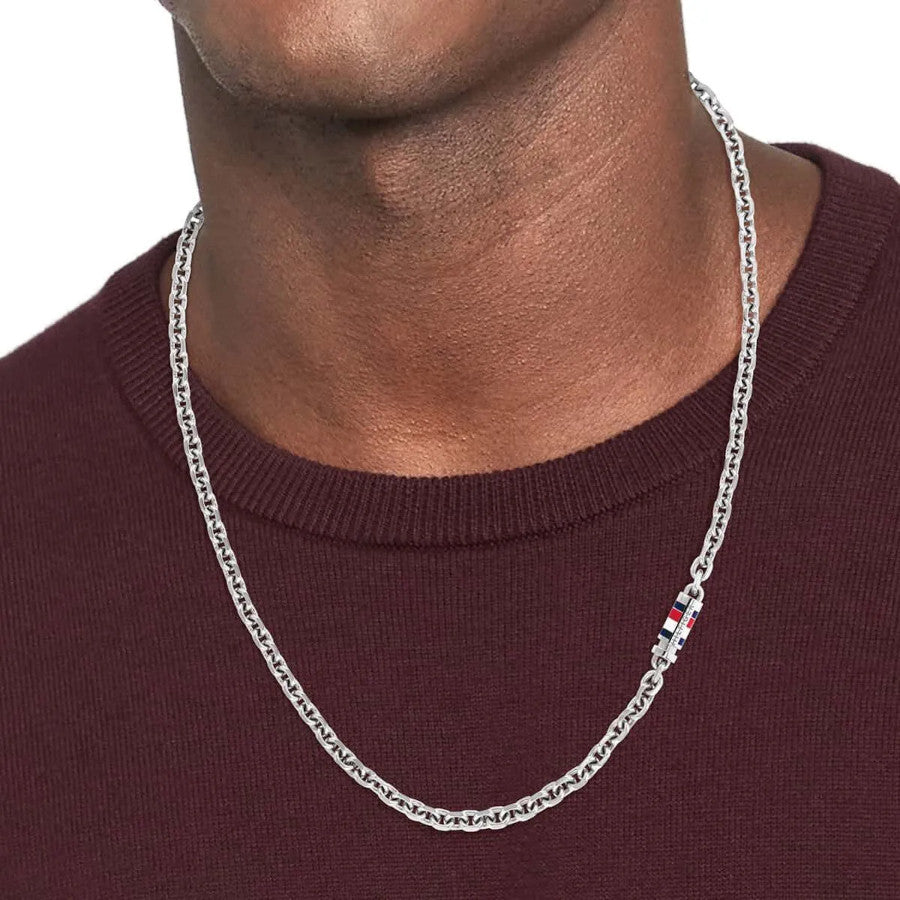 Collana Uomo Tommy Hilfiger Bruce Acciaio Catena Maglie Ovali Barilotto Centrale Smalto Bianco/Rosso/Blu