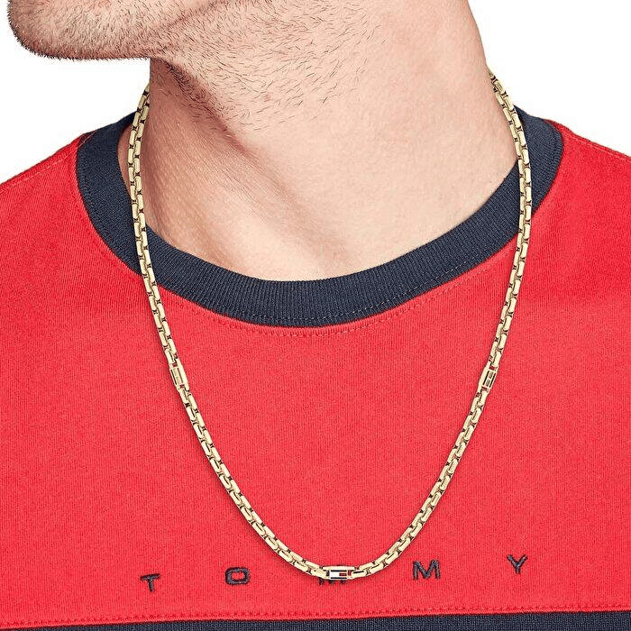 Collana Uomo Tommy Hilfiger 3Dflm Pvd Oro Maglia Tubolare 2 Elementi Traforati + 1 Logo Smaltato