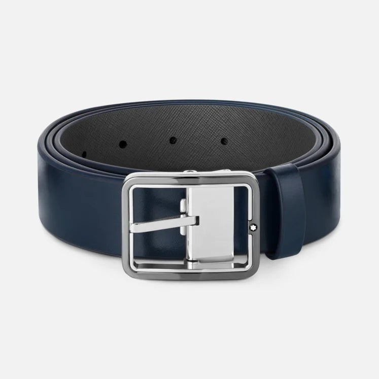 Cinture Montblanc Belt Cintura Reversibile Pelle Blu e Grigio Fibbia Rutenio