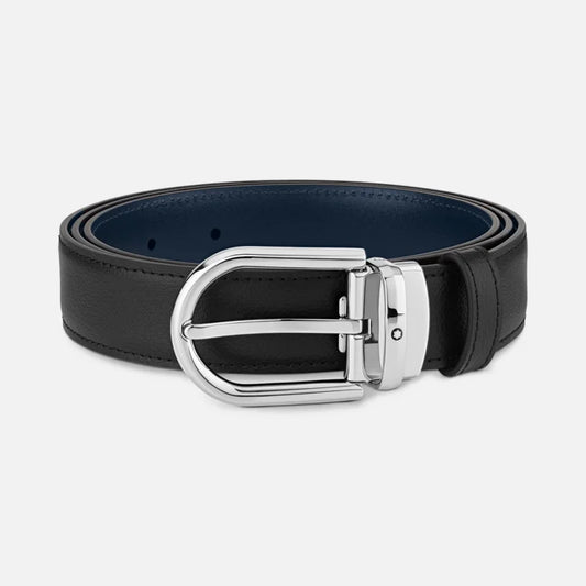 Cinture Montblanc Belt-Horseshoe Shiny Palladium Cintura Reversibile Pelle Nera / Blu