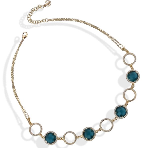 Collana a 2 Fili Boccadamo Mediterranea Sharada Bronzo Pvd Oro Cerchi Contornati e Cristalli Sfaccettati Turchesi
