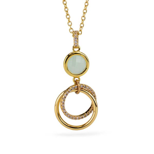 Collana Boccadamo Mediterranea Magic Circle Bronzo Pvd Oro Pendente Pietra Verde Acqua e Doppio Cerchio