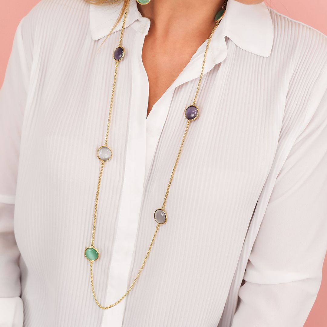 Collana Lunga Boccadamo Mediterranea Crisette Bronzo Pvd Oro Con Cristalli Cabochon