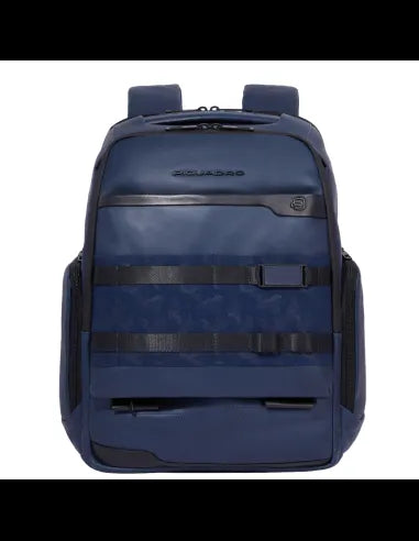 Zaini Piquadro Zaino Porta Pc Ipad In Pelle Blu Inserti Tessuto