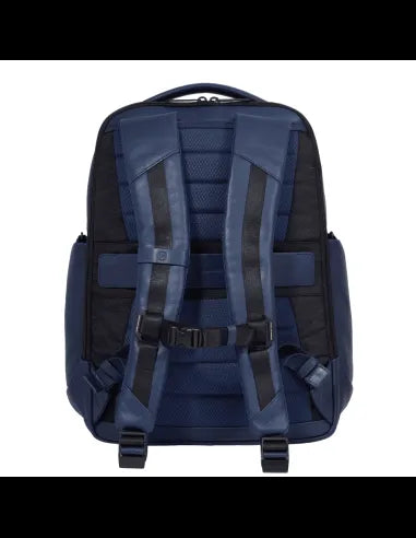 Zaini Piquadro Zaino Porta Pc Ipad In Pelle Blu Inserti Tessuto