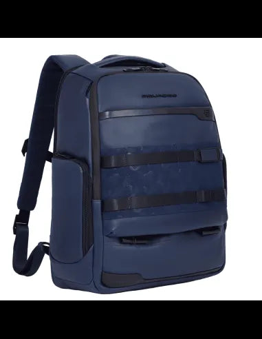 Zaini Piquadro Zaino Porta Pc Ipad In Pelle Blu Inserti Tessuto