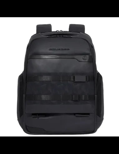 Zaini Piquadro Zaino Porta Pc Ipad In Pelle Nera Inserti Tessuto